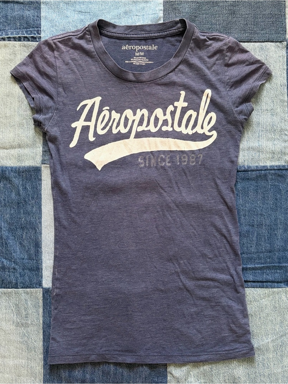 2000s aeropostale navy baby tee shirt varsity logo graphic size M